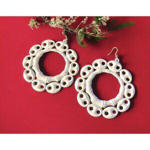 Jumbo White Tin Metal Round Flower Dangle Earrings
